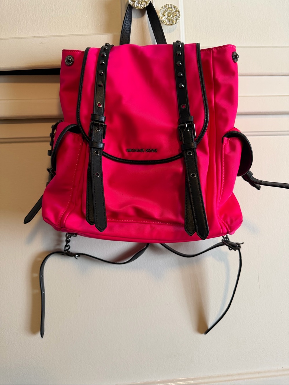 Michael Kors Hot Pink Nylon Backpack with Black Trim and Studs
